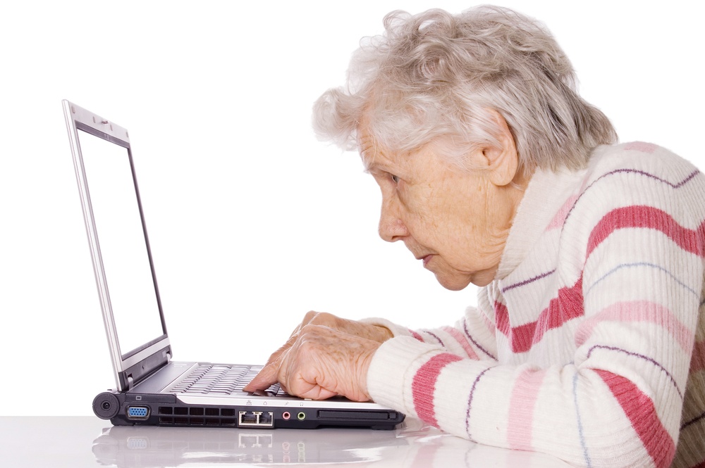 The elderly woman at the computer isolated